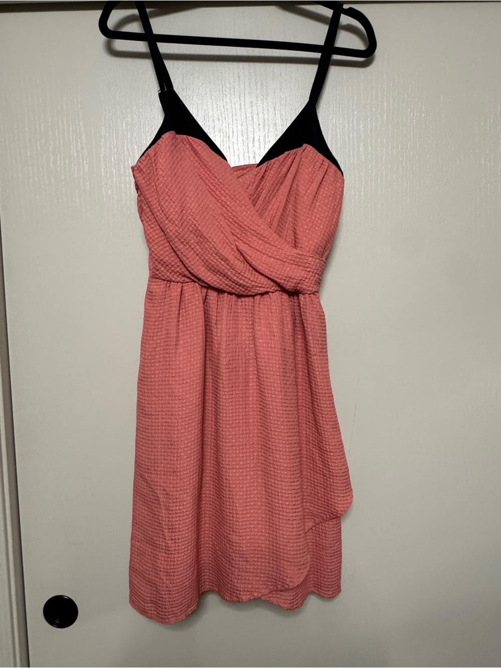 Coral Mini Dress with Black Trim - Sleeveless Summer Wrap Style